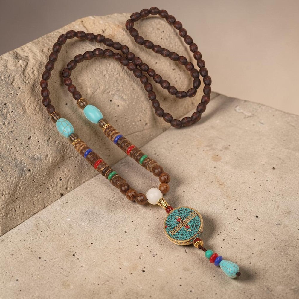 Turquoise Dzi Bead Necklace — Wenge Wood Prayer Wheel, Meditation-Inspired Jewelry