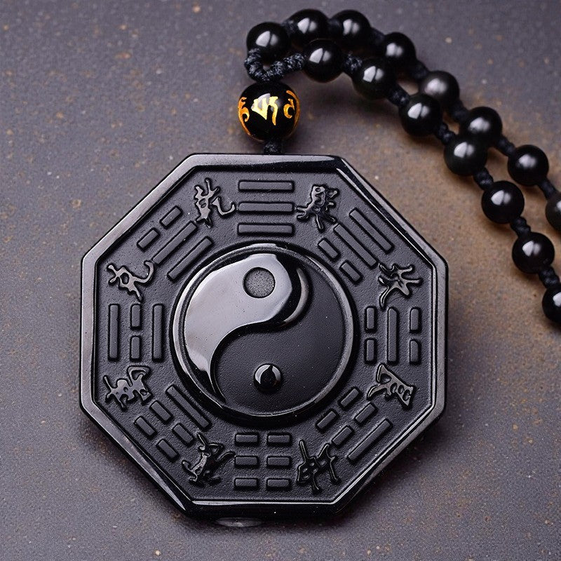 Black Obsidian Stone Necklace - Yin Yang Pendant