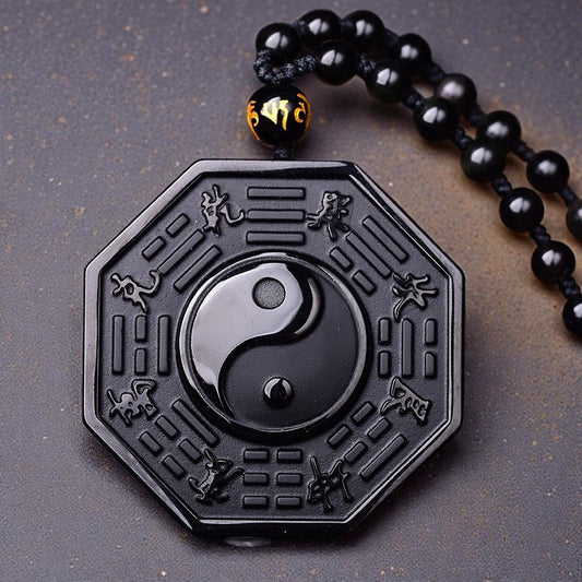 Black Obsidian Stone Necklace - Yin Yang Pendant