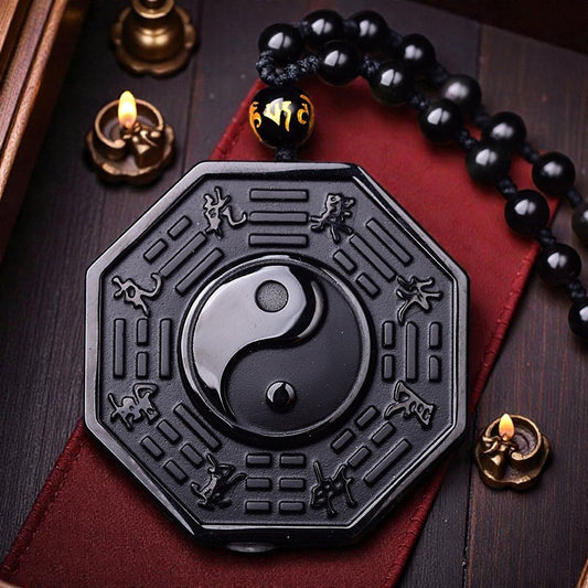 Black Obsidian Stone Necklace - Yin Yang Pendant