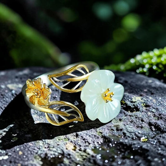 Silver-Plated Adjustable Ring - White Jade Plum Blossom Leaf (Symbol of Prosperity & Balance)