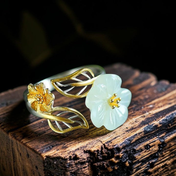 Silver-Plated Adjustable Ring - White Jade Plum Blossom Leaf (Symbol of Prosperity & Balance)