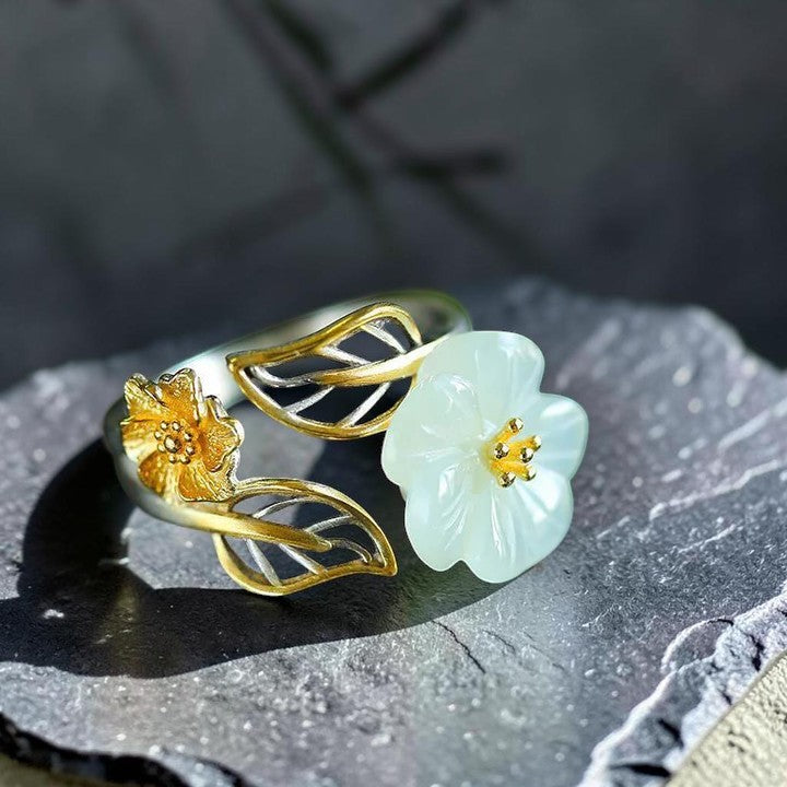 Silver-Plated Adjustable Ring - White Jade Plum Blossom Leaf (Symbol of Prosperity & Balance)