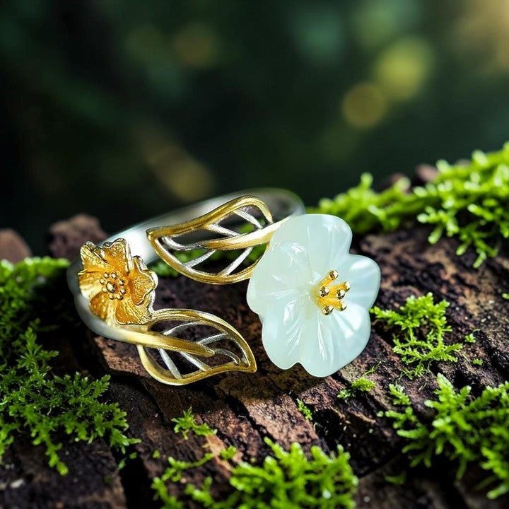 Silver-Plated Adjustable Ring - White Jade Plum Blossom Leaf (Symbol of Prosperity & Balance)